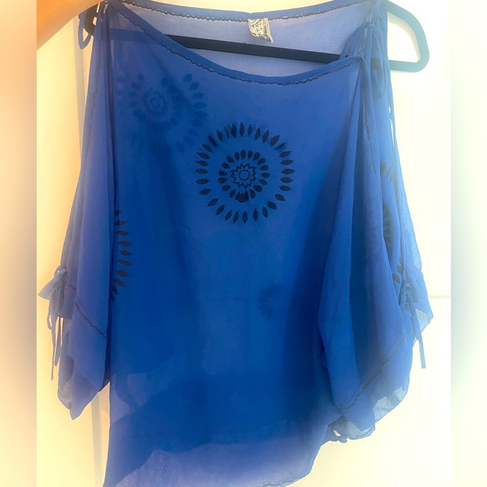 Free People Sheer blouse, Royal Blue, with Black embroidery, Size Small